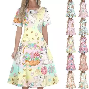 Женское повседневное модное платье с пасхальным принтом, круглое платье с коротким рукавом и талией, средней длины (с молнией) L чёрный