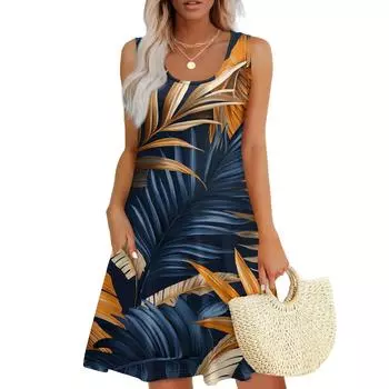 Женское повседневное модное платье с принтом и U-образным вырезом без рукавов L синий