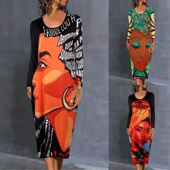 Женское повседневное модное платье с принтом, свободное платье с длинным рукавом и круглым вырезом