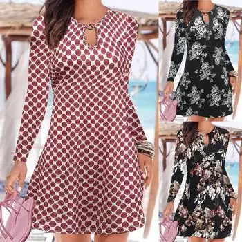 Женское повседневное модное платье с принтом 2022 года, с длинным рукавом и круглым вырезом, платье для самостоятельного развития XXL чёрный