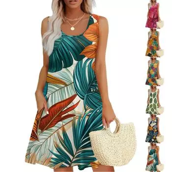 Женское повседневное модное платье с принтом и U-образным вырезом без рукавов L зелёный