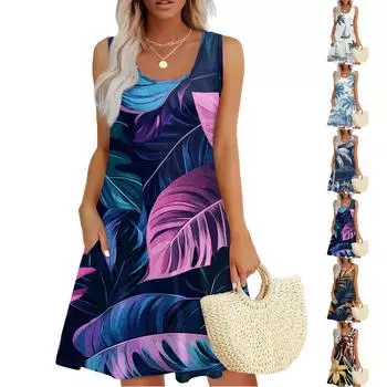 Женское повседневное модное платье с принтом и U-образным вырезом без рукавов L синий