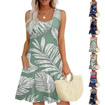 Женское повседневное модное платье с принтом и U-образным вырезом без рукавов L бежевый