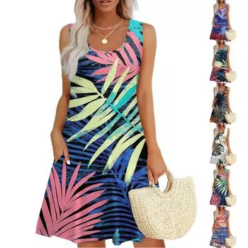 Женское повседневное модное платье с принтом и U-образным вырезом без рукавов XL