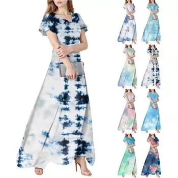 Женское повседневное модное платье с принтом тай-дай, V-образным вырезом и короткими рукавами XXL циан