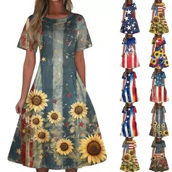 Женское повседневное модное платье с принтом «День независимости» с круглым вырезом и короткими рукавами, притален, средней длины, свободное платье (с молнией) M