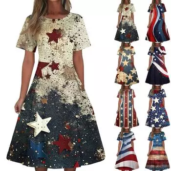 Женское повседневное модное платье с принтом «День независимости» с круглым вырезом и короткими рукавами, притален, средней длины, свободное платье (с молнией) M чёрный