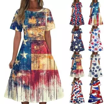 Женское повседневное модное платье с принтом «День независимости» с круглым вырезом и короткими рукавами, притален, средней длины, свободное платье (с молнией) L бежевый