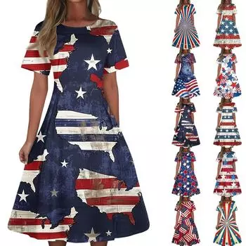 Женское повседневное модное платье с принтом «День независимости» с круглым вырезом и короткими рукавами, притален, средней длины, свободное платье (с молнией) M