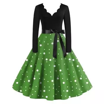Женское повседневное модное платье с V-образным вырезом и длинными рукавами в стиле ретро с принтом в горошек XXL зелёный