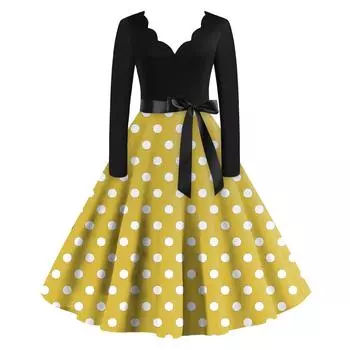 Женское повседневное модное платье с V-образным вырезом и длинными рукавами в стиле ретро с принтом в горошек XXXL жёлтый