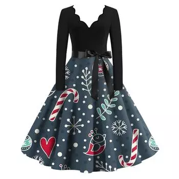 Женское повседневное модное платье с V-образным вырезом и длинными рукавами в стиле ретро с рождественским принтом в стиле ретро, осень S