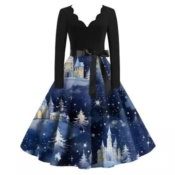 Женское повседневное модное платье с V-образным вырезом и длинными рукавами в стиле ретро с рождественским принтом в стиле ретро, осень XL