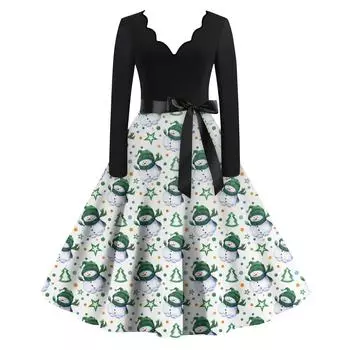 Женское повседневное модное платье с V-образным вырезом и длинными рукавами в стиле ретро с рождественским принтом в стиле ретро, осень L бежевый
