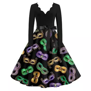 Женское повседневное модное платье с V-образным вырезом и длинным рукавом с принтом в винтажном стиле L чёрный