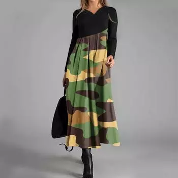 Женское повседневное модное платье с V-образным вырезом и длинными рукавами, камуфляжный принт, карман на талии, большое свободное платье L