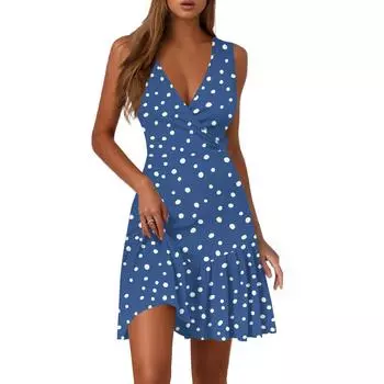Женское повседневное модное платье с V-образным вырезом и принтом без рукавов L синий