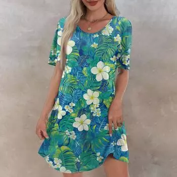 Женское повседневное модное платье с V-образным вырезом и коротким рукавом с гавайским принтом и карманом L армия зеленый