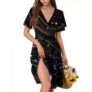 Женское повседневное модное платье с V-образным вырезом и принтом без рукавов S чёрный