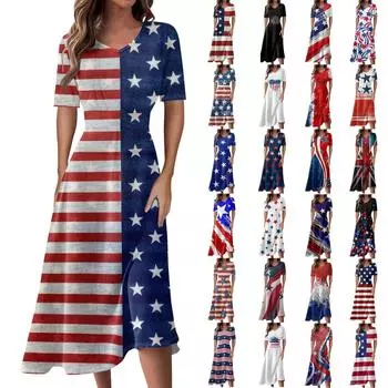 Женское повседневное модное платье с v-образным вырезом и коротким рукавом на талии, длинное свободное платье L синий