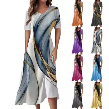 Женское повседневное модное платье с v-образным вырезом и коротким рукавом на талии, длинное свободное платье L синий