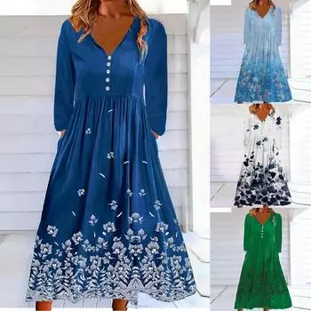 Женское повседневное модное платье с V-образным вырезом и длинным рукавом с карманами L синий