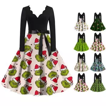 Женское повседневное модное платье с V-образным вырезом и длинными рукавами в стиле ретро с принтом в стиле ретро, осень L армия зеленый