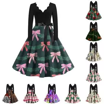 Женское повседневное модное платье с V-образным вырезом и длинными рукавами в стиле ретро с рождественским принтом в стиле ретро, осень M розовый