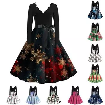 Женское повседневное модное платье с V-образным вырезом и длинными рукавами в стиле ретро с рождественским принтом в стиле ретро, осень M