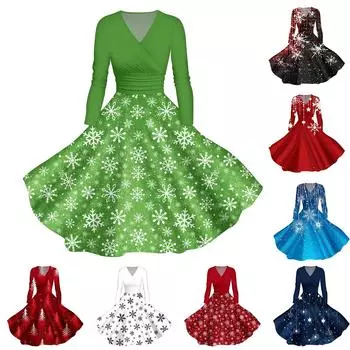 Женское повседневное модное платье с V-образным вырезом и длинными рукавами в стиле ретро с рождественским принтом в стиле ретро, осень XXXXXL