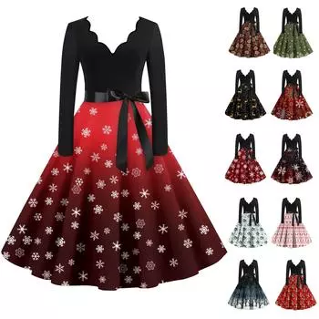 Женское повседневное модное платье с V-образным вырезом и длинными рукавами в стиле ретро с рождественским принтом в стиле ретро, осень L бежевый