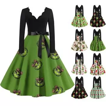 Женское повседневное модное платье с V-образным вырезом и длинными рукавами в стиле ретро с принтом в стиле ретро, осень L чёрный