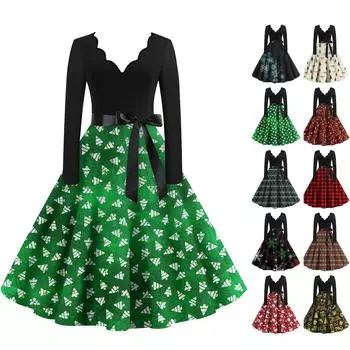 Женское повседневное модное платье с V-образным вырезом и длинными рукавами в стиле ретро с рождественским принтом в стиле ретро, осень L чёрный