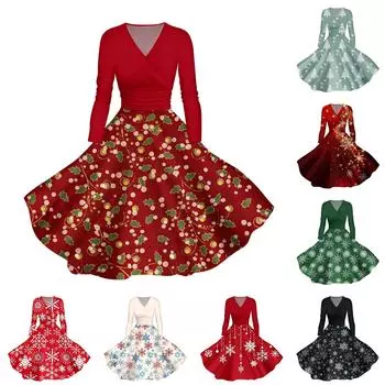 Женское повседневное модное платье с V-образным вырезом и длинными рукавами в стиле ретро с рождественским принтом в стиле ретро, осень XXXXXL