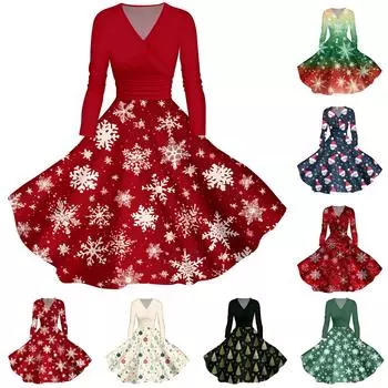 Женское повседневное модное платье с V-образным вырезом и длинными рукавами в стиле ретро с рождественским принтом в стиле ретро, осень XXXXL