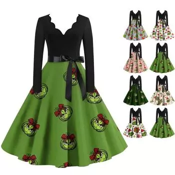 Женское повседневное модное платье с V-образным вырезом и длинными рукавами в стиле ретро с принтом в стиле ретро, осень XXXL