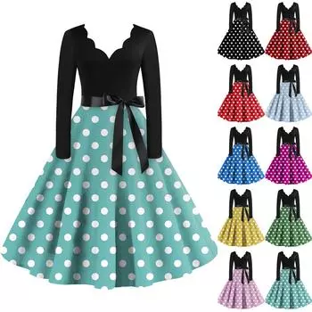 Женское повседневное модное платье с V-образным вырезом и длинными рукавами в стиле ретро с принтом в горошек L чёрный