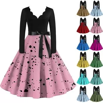 Женское повседневное модное платье с V-образным вырезом и длинными рукавами в стиле ретро с принтом в горошек L армия зеленый