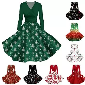 Женское повседневное модное платье с V-образным вырезом и длинными рукавами в стиле ретро с рождественским принтом в стиле ретро, осень XXXXXL киноварь