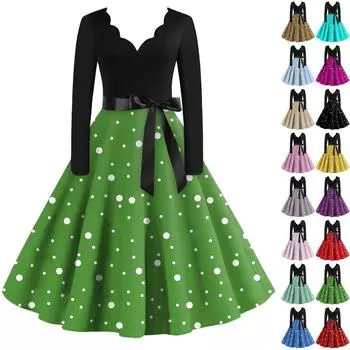 Женское повседневное модное платье с V-образным вырезом и длинными рукавами в стиле ретро с принтом в горошек L чёрный