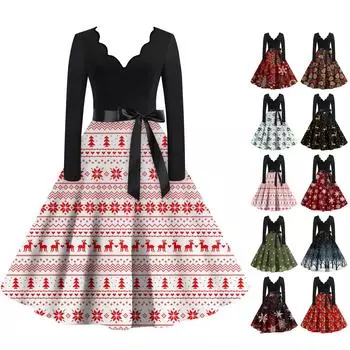 Женское повседневное модное платье с V-образным вырезом и длинными рукавами в стиле ретро с рождественским принтом в стиле ретро, осень L бежевый