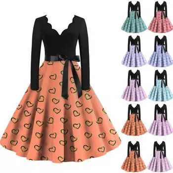 Женское повседневное модное платье с V-образным вырезом и длинными рукавами в стиле ретро с принтом «любовь» M