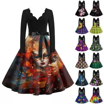 Женское повседневное модное платье с V-образным вырезом и длинным рукавом с принтом в винтажном стиле L чёрный