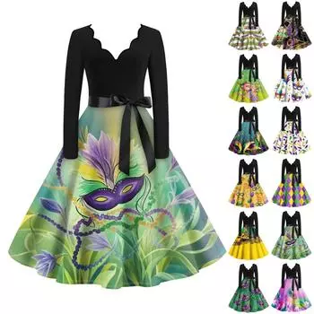 Женское повседневное модное платье с V-образным вырезом и длинным рукавом с принтом в винтажном стиле L чёрный