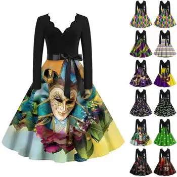 Женское повседневное модное платье с V-образным вырезом и длинным рукавом с принтом в винтажном стиле L чёрный