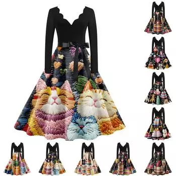 Женское повседневное модное платье с V-образным вырезом и длинным рукавом с милым принтом в винтажном стиле L чёрный