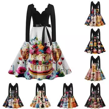 Женское повседневное модное платье с V-образным вырезом и длинным рукавом с милым принтом в винтажном стиле L чёрный