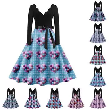 Женское повседневное модное платье с V-образным вырезом и длинным рукавом с милым принтом в винтажном стиле L синий