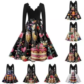 Женское повседневное модное платье с V-образным вырезом и длинным рукавом с милым принтом в винтажном стиле L чёрный