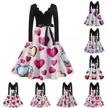 Женское повседневное модное платье с V-образным вырезом и длинным рукавом с милым принтом в винтажном стиле L бежевый